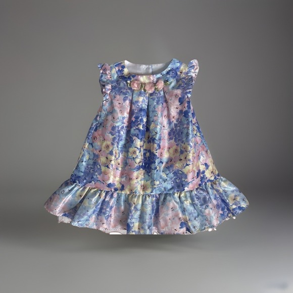 Sz 18 Mo Gorgeous  Bonnie Jean Baby Dress Blue Pink Yellow Flower Layered - Picture 1 of 8